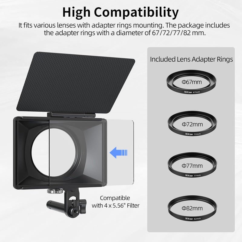 Nitze Mini Matte Box, with Carbon Fiber Top Flag, 15mm Rod and Rod Clamp, 4 Lens Adapter Rings (Φ67/72/77/82mm), Compatible with 4 x 5.65 Filter - MB15AK - Image 2